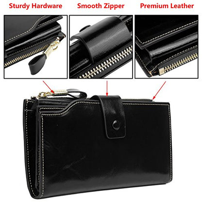 YALUXE Women's Real Leather Wallet RFID Protect 21 Card Slots Phone Pocket - color: 3- Waxed Black, size: Genuine Leather