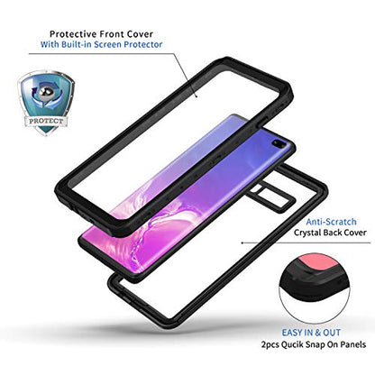 Lanhiem for Samsung Galaxy S10+ Plus Case, IP68 Waterproof Dustproof Case with Built-in Screen Protector, Rugged Full Body Shockproof Protective Cover for Galaxy S10 Plus (Black/Clear)
