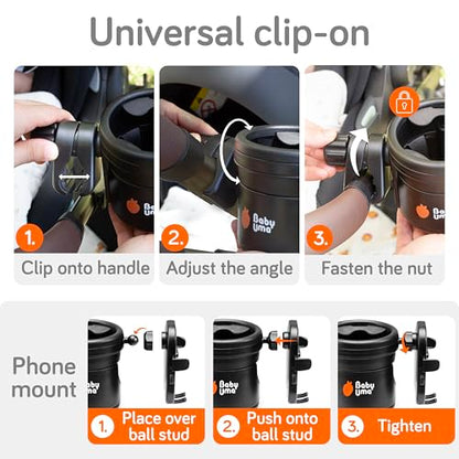 Baby Uma 3-in-1 Cup Holder Phone Holder - Universal Stroller Cup Holder Attachment with 360° Phone Mount, Stanley Cupholder for Stroller, Stroller Accessories