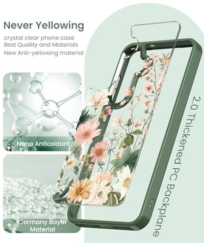 Crystal Clear Flower Pattern Case for Samsung Galaxy S26 FE-Green | Girl Women Slim Soft TPU + Hard PC Military Grade Protective Phone Cover WithTempered Glass Screen Protector for S26 FE - color: S26 FE-Dark Green