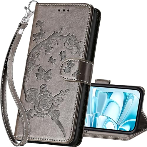 for iPhone 16 Wallet case, Gray Flower | 3 Card Holders, Kickstand, Shockproof TPU Shell, PU Leather, Magnetic Closure, Protective Flip Folio Cover, Women - color: 9