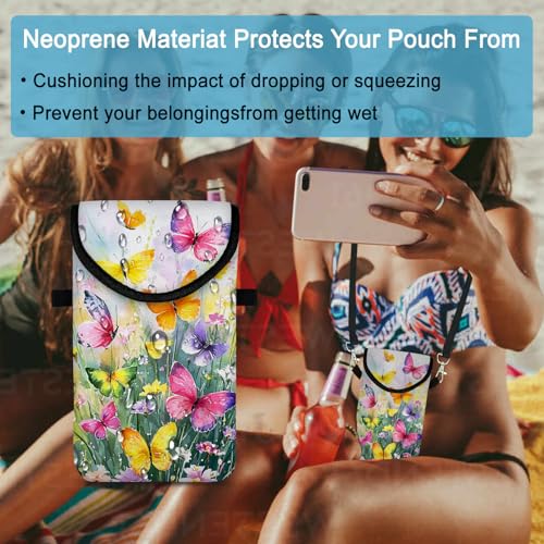 Neoprene Cell Phone Sleeve Pouch Case Bag with Crossbody Strap Neck Lanyard for Women 7.5 X 4.3 in Flower Butterfly - color: Flower Butterfly 1