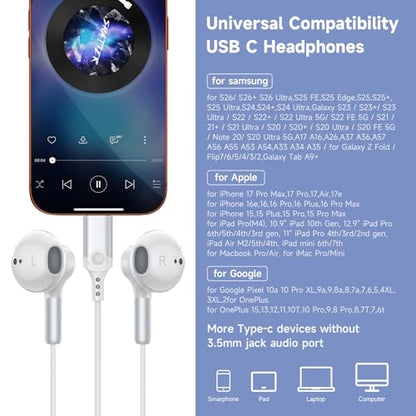 USB C Headphones Wired Earbuds for iPhone 17 Air 16 15 Plus Pro Max Samsung - color: White