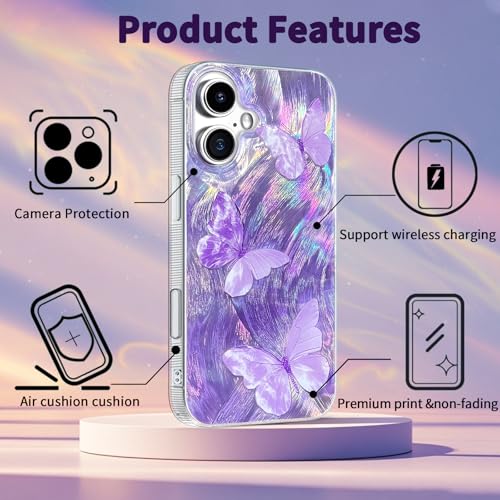 Compatible with iPhone 16 Case,with [Shockproof Protective][Camera Protection] Cute Butterfly Aesthetic Phone Cover Anti-Yellowing Soft Slim Cover for Women Girl-Purple - color: Purple Butterfly, size: iPhone 16