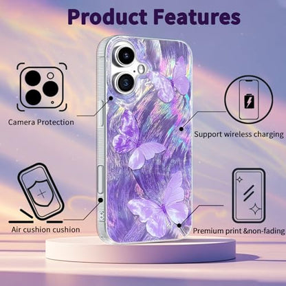 Compatible with iPhone 16 Case,with [Shockproof Protective][Camera Protection] Cute Butterfly Aesthetic Phone Cover Anti-Yellowing Soft Slim Cover for Women Girl-Purple - color: Purple Butterfly, size: iPhone 16