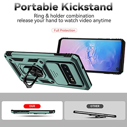 for Samsung Galaxy S10 Plus Case with Camera Lens Cover HD Screen Protector, Military-Grade Drop Tested Magnetic Ring Holder Kickstand Protective Phone Case for Samsung Galaxy S10+ Plus (Dark Green) - color: Dark Green with camera cover Military-Grade
