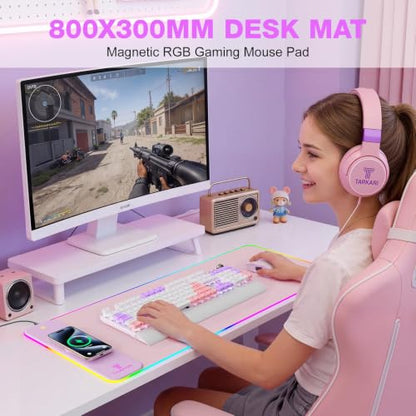 TARKARI 15W Magnetic Wireless Charging RGB Mouse Pad, 800x300mm Pink - color: Pink