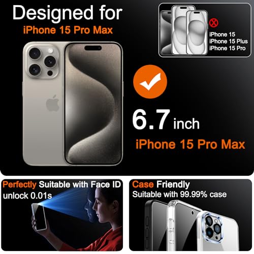 Milomdoi Privacy Screen Protector for iPhone 15 Pro Max, Tempered Glass | 3+3 Pack, 9H+ Hardness, Camera Lens Protector, Military Grade Shatterproof, Easy Installation, No Bubbles, Case Friendly - size: iPhone 15 Pro Max 6.7 inch
