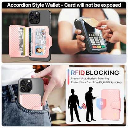 Magnetic Stick on Phone Wallet Card Holder for Magsafe Phones and Cases, 5 Slots Fit 7 Cards, ID Window, RFID Blocking, Luxury Slim Flip Leather Mag Safe Wallet for iPhone for Women, Rose Gold - color: Carbon Fiber Rose Gold