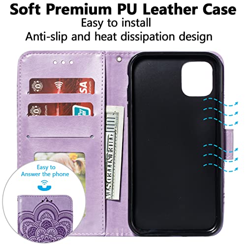 EYZUTAK Case for iPhone 13 Pro Max, Premium PU Leather Magnetic Flip Wallet Case with Card Holder Cash Slot Lanyard Strap Kickstand Function Embossed Mandala Flower Pattern Shockproof Cover - Purple - color: Purple, size: iPhone 13 Pro Max