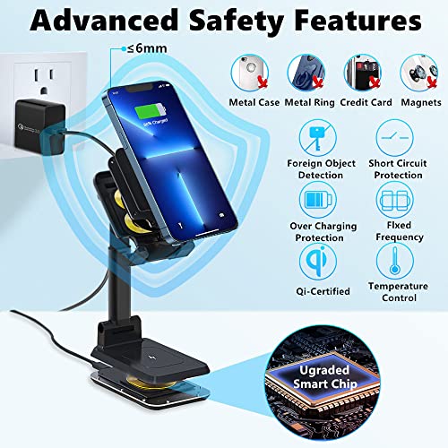 Dual 10W Wireless Charger, [Angle&Height Adjustable] Wireless Charging Desk Phone Holder Charger Stand, 2 in 1 Qi Fast Charging Dock for iPhone 16/15/14/13/12/11/MAX,AirPods,Samsung Galaxy S21/S20/S10