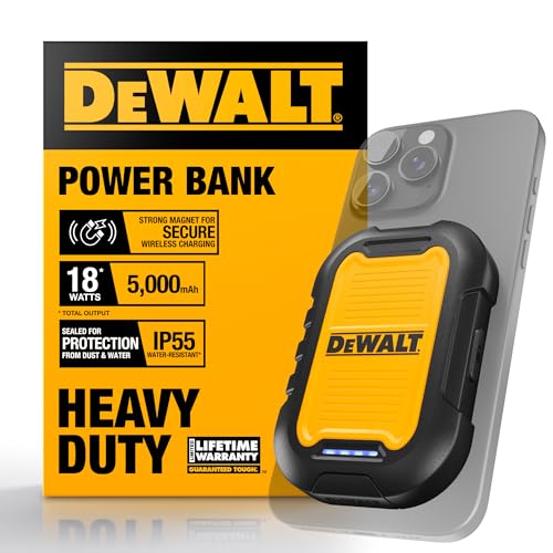 DEWALT Heavy Duty Magnetic Power Bank 5, 000mAh, Rugged, Wireless