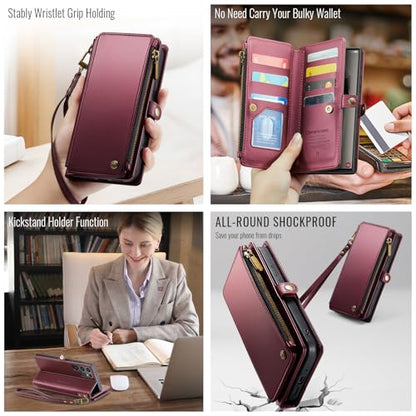 Defencase for Samsung Galaxy S24 Ultra Wallet Case with Card Holder, W-Red | Durable PU Leather, with RFID Blocking Zipper Pocket, Wrist Strap, S24 Ultra Flip Phone Cases Cover with Stand for Women Men - color: Wine Red