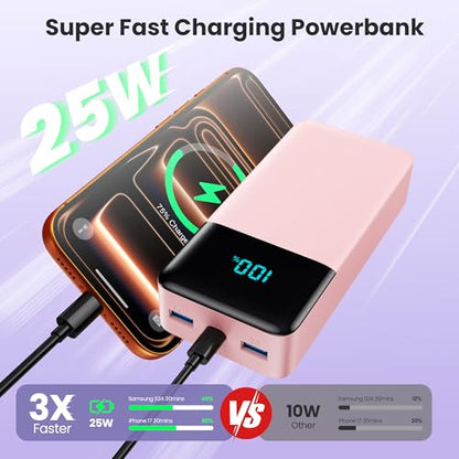 Portable Charger Power Bank 50800mAh,25W USB C Fast Charging Battery Pack with 3 Built in Cables & LED Display,6 Outputs 2 Inputs Travel Essentials Phone Charger for iPhone 18/17/16/15,Android,Pink - color: Pink