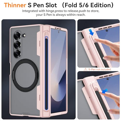 Upgraded 360° Spin Magnetic Invisible Ring Stand for Samsung Galaxy Z Fold 6 Case,[Compatible with MagSafe][S Pen Holder][Hinge Protection][Screen Protector],Shockproof Full Body Phone Cover (Pink) - color: Pink