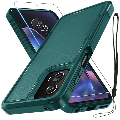 Case Compatible with Moto G 5G 2024, Full Body Heavy Duty Rugged Shockproof Protective Phone Cover with Lanyard Strap, Tempered Glass Screen Protector, Dark Green | with Tempered Glass Screen Protector+Lanyard Strap,Rugged Shockproof Protective Phone Case