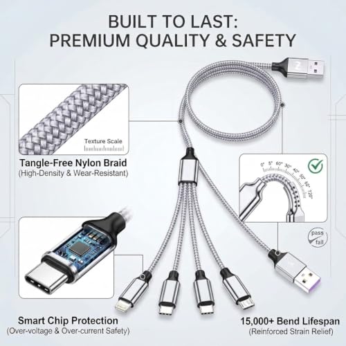 4 in 1 Multi Charging Cable 4ft 2 Pack,Braided MFi Certified Charger Cable - color: Silver White-4ft-2Pack