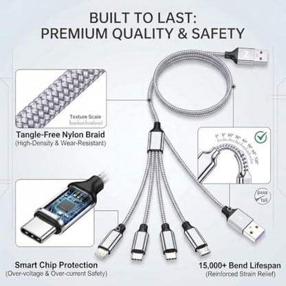 4 in 1 Multi Charging Cable 4ft 2 Pack,Braided MFi Certified Charger Cable - color: Silver White-4ft-2Pack