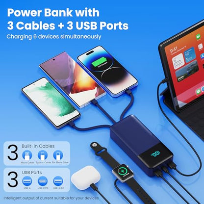 Portable Charger 50800mAh Power Bank with 3 Built in Cables,25W PD QC4.0 Fast Charging USB C Battery Pack,6 Outputs 2 Inputs Travel Essentials Phone Charger for iPhone 18/17/16/15/Pro,Android,Blue - color: Blue