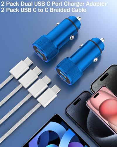iPhone Car Charger Fast Charging,iPhone 17 Car Charger 2PACK Dual USBC Port - color: Blue 3FT