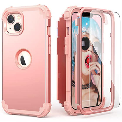 IDweel for iPhone 15 Case with Screen Protector for Women, 3 in 1 Shockproof Slim Fit Hybrid Heavy Duty Hard PC Cover Soft Silicone Bumper Full Body Case,Rose Gold - color: Rose Gold