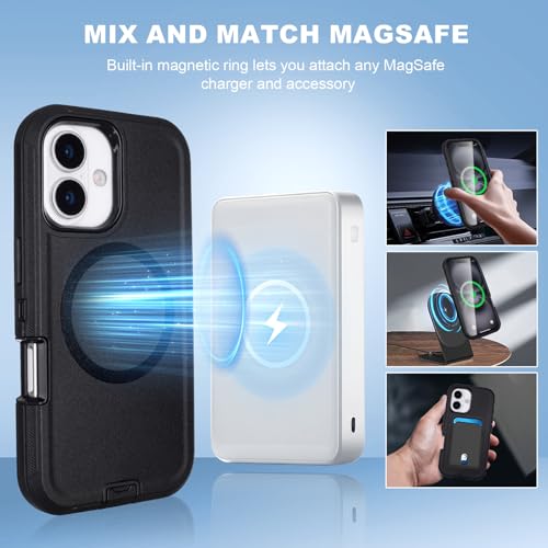 Phone Case for iPhone 16 Case with Belt Clip, Compatible with MagSafe | Defender for iPhone 16 Case with Kickstand, 3-Layer Heavy Duty Military Grade Drop Protection Cover for iPhone 16, Black - color: Black
