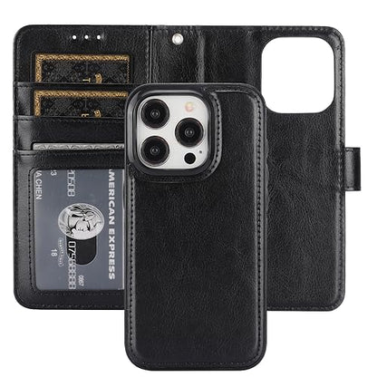 Bocasal Detachable Wallet Case Card Holder for iPhone 15 Pro, Black | RFID Blocking Kickstand Card Slots Holder PU Leather Magnetic Shockproof Wrist Strap Removable Flip Protective Cover 6.1 inch - color: Black