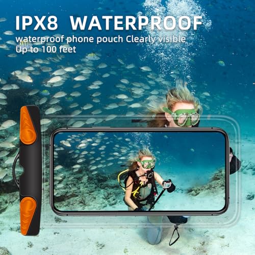Waterproof Phone Pouch, Waterproof Phone Case with Lanyard for iPhone, Samsung, IPX8 Cellphone Beach Dry Bag Kayak Cruise Ship Essentials 2Pack-7.5" - color: Black Orange