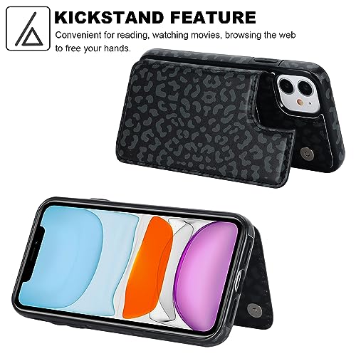 HAOPINSH for 11 Wallet Case with Card Holder, Black Leopard Cheetah Pattern Back Flip Folio PU Leather Kickstand Card Slots Case for Women Girls, Double Magnetic Clasp Shockproof Cover 6.1" - color: Black Leopard