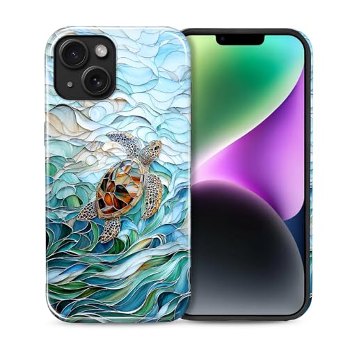 Case Compatible with iPhone 13 14, Cute Dual Layer Hybrid Phone Cover, Military Grade Drop Protection, Aesthetic Shockproof Phone Case for Women Girls, Stained Glass Sea Turtle - color: Stained Glass Sea Turtle, size: Iphone 13/14