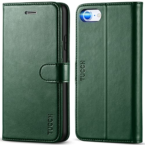 TUCCH Case Wallet for iPhone SE 2022/SE 2020/iPhone 8/7, Midnight Green | 3 Card Holders, Kickstand, PU Leather, Shockproof TPU Shell, Magnetic Closure, Protective Folio Cover - color: Midnight Green