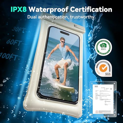 Floating Waterproof Phone Pouch 2 Pack - Dual Floatable Airbags Up to 7.2", IPX8 Waterproof Phone Dry Bag with Lanyard for Beach, for iPhone 17 16 15 Samsung Galaxy Etc., White + White - color: White + White