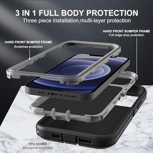 YKHJKLEC for iPhone 12/12 Pro Case, Compatible with Magsafe, Military Grade 3 in 1 Heavy Duty Shockproof/Drop Proof/Dust Proof with 2Pcs Tempered Glass Screen Protector (New-Black/Grey) - color: New-Black/Grey