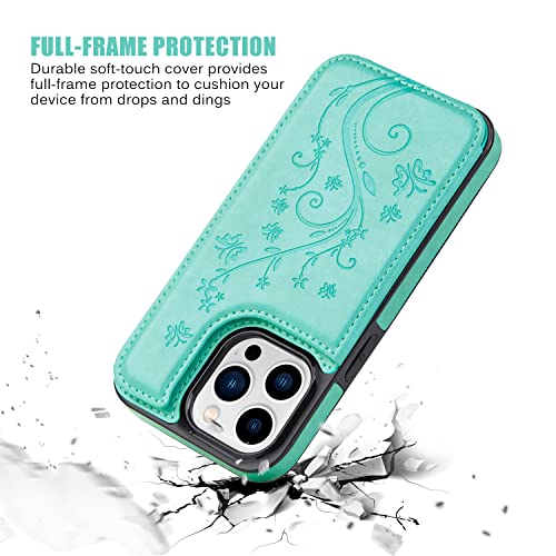 Wallet Case for iPhone 15 pro max, Slim Protective case with Card Holder,Premium PU Leather Kickstand Card Slots Case with Double Magnetic Clasp for iPhone 15 promax (6.7")-Green Butterfly - color: Green
