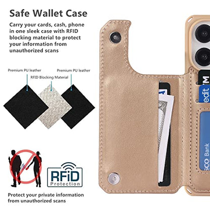 iCoverCase Compatible with iPhone 14 Pro Wallet Phone Case with Card Holder for Women, RFID Blocking Embossed PU Leather Wrist Strap Case 6.1 Inch (Heart Gold) - color: H-Gold