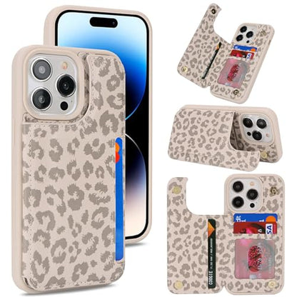 iCoverCase Compatible with iPhone 14 Pro Case with Card Holder, Wallet Case for Women Men RFID Blocking PU Leather Protective Phone Case 6.1 Inch (Beige Leopard) - color: Beige Leopard