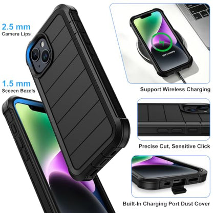 for iPhone 14 Case/iPhone 13 Case with Belt Clip Holster Screen Protectors, Heavy Duty Military Grade Shockproof Protection Rugged Anti-Drop Kickstand Phone Cover for Apple 14/13 (Black) - color: Black