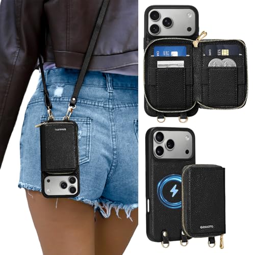 ORNARTO Magnetic Detachable Wallet Case for iPhone 17 Pro Max, Black | Compatible with MagSafe, Crossbody Wallet Case with Card Holder Wrist Strap, RFID Blocking PU Leather Wallet Phone Cover 6.9” - color: Black
