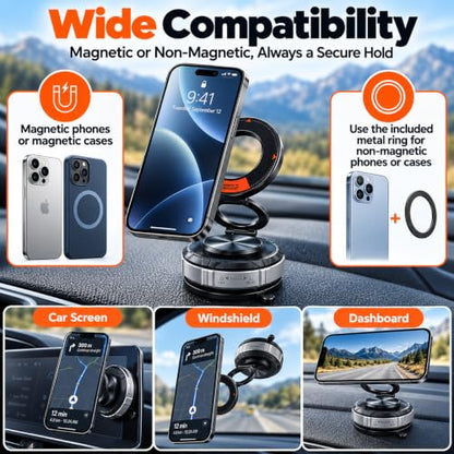 Vacuum Magnetic Car Phone Mount, Zinc Alloy Folding Suction Cup Holder with Sticky Gel Base for Dashboard & Windshield, Compatible with MagSafe iPhone, Samsung and Android Phones