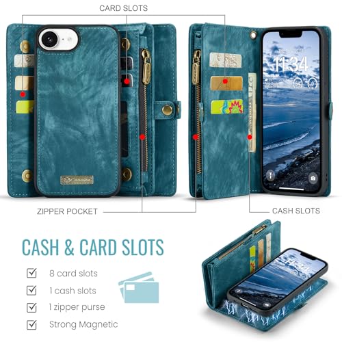 Compatible with iPhone 17E/16E Wallet Case with Magsafe,Blue | Magnetic Detachable Case,Card Holder,Zipper Pocket,Strap Wristlet, Soft Leather Drop-Proof Phone Case for iPhone 17E/16E - color: (Detachable and Magsafe)-Blue, size: iPhone 16E/17E 6.1 Inch