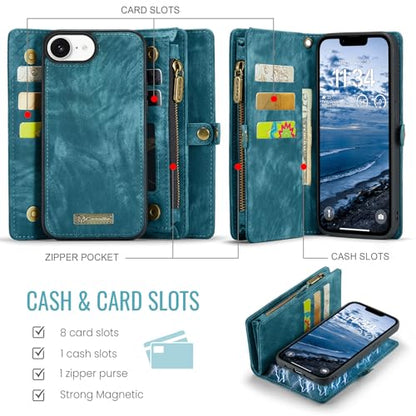 Compatible with iPhone 17E/16E Wallet Case with Magsafe,Blue | Magnetic Detachable Case,Card Holder,Zipper Pocket,Strap Wristlet, Soft Leather Drop-Proof Phone Case for iPhone 17E/16E - color: (Detachable and Magsafe)-Blue, size: iPhone 16E/17E 6.1 Inch