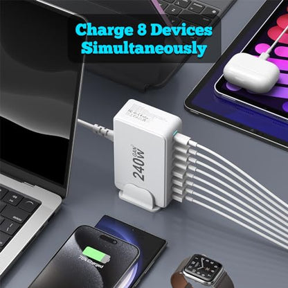 USB C Charger, 240W GaN 8 Port USB Fast Block, PD100W Multi-Port Charging Station, Power Adapter Plug for Samsung/iPhone/Google, Laptop Charger for MacBook Pro/Air - size: 240W-Sin