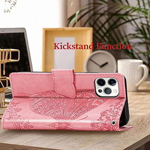for iPhone 12 Pro/iPhone 12 Wallet Case,Women Flip Folio Cover with Butterfly Embossed PU Leather Kickstand Credit Card Holder Slots Wrist Strap for iPhone 12/12 Pro 6.1 inch (Pink) - color: Pink