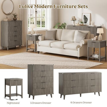 Night Stand Set 1, Fluted Wood Bedside Table w/Socket Station for Bedroom - color: Dark Grey, size: 1 Drawer-Set of 1 Nightstand