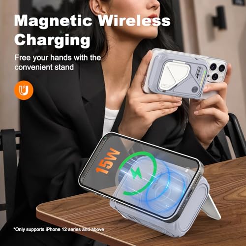 SEANCHEER P05 Portable Charger, Magnetic Power Bank, Small PowerBank, Battery Pack10000mAh Travel Essentials Fast Charging with Built in Cable, Foldable Wall Plug for iPhone,Samsung,Andriod - color: Grey