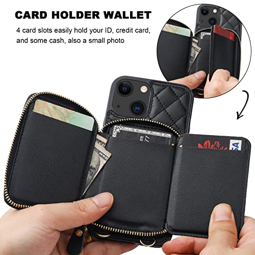 Bocasal Crossbody Wallet Case Card Holder for iPhone 13, Black | RFID Blocking PU Leather Zipper Handbag Purse, Kickstand Flip Folio Case with Card Slots Holder Wrist Strap Lanyard 6.1 Inch - color: Black