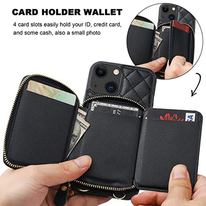 Bocasal Crossbody Wallet Case Card Holder for iPhone 13, Black | RFID Blocking PU Leather Zipper Handbag Purse, Kickstand Flip Folio Case with Card Slots Holder Wrist Strap Lanyard 6.1 Inch - color: Black