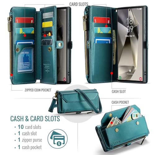 for Samsung Galaxy S24 Ultra Wallet Case with Card Holder, Green | RFID Blocking Slots, Crossbody Lanyard, Wrist Strap, Zipper Pocket Purse Handbag, Magnetic Closure - color: Green, size: Galxay S24 Ultra