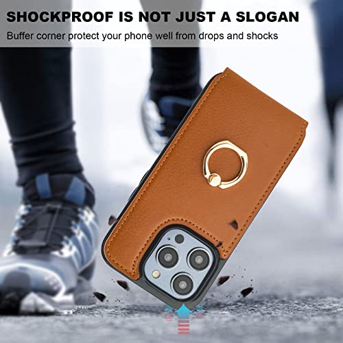 Folosu Compatible with iPhone 14 Pro Case Wallet with Card Holder, 360°Rotation Finger Ring Holder Kickstand, RFID Blocking Leather Protective Double Buttons Shockproof Cover 6.1 Inch Brown - color: Brown, size: iPhone 14 Pro