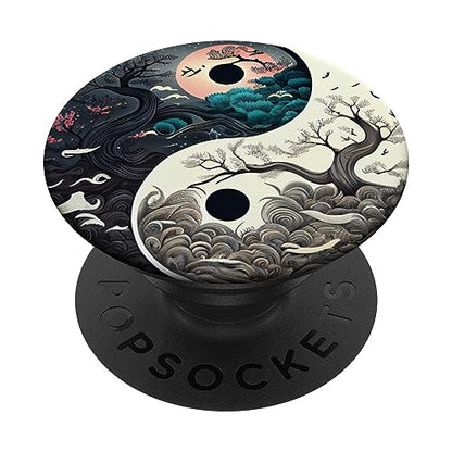 Yin Yang Day & Night Bonsai Cherry Blossom Sun Moon PopSockets Adhesive PopGrip - style: Adhesive PopGrip